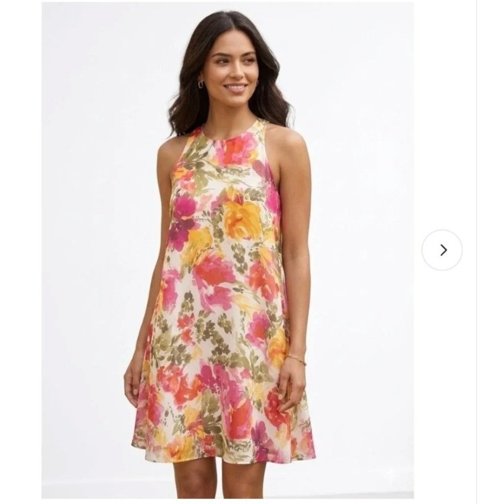 Calvin Klein Womens Sz 12 Sleeveless Shift Dress Watercolor Floral Chiffon White